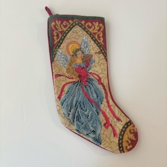 Other - Vintage Christmas Needlepoint Stocking Velvet Angel